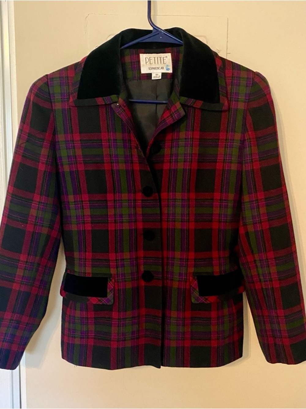 Vintage Magenta, Green & Black Plaid Blazer with Velvet Trim, Buttons &  Pockets